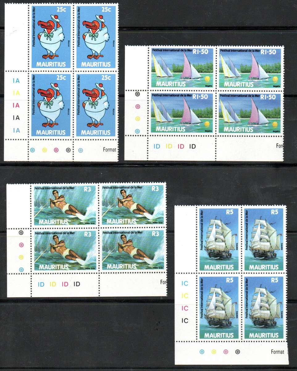 Mauritius 1987 Intl Festival of The Sea set of (x4) umm control blks of (x4). SG767-70. CV GBP 39+