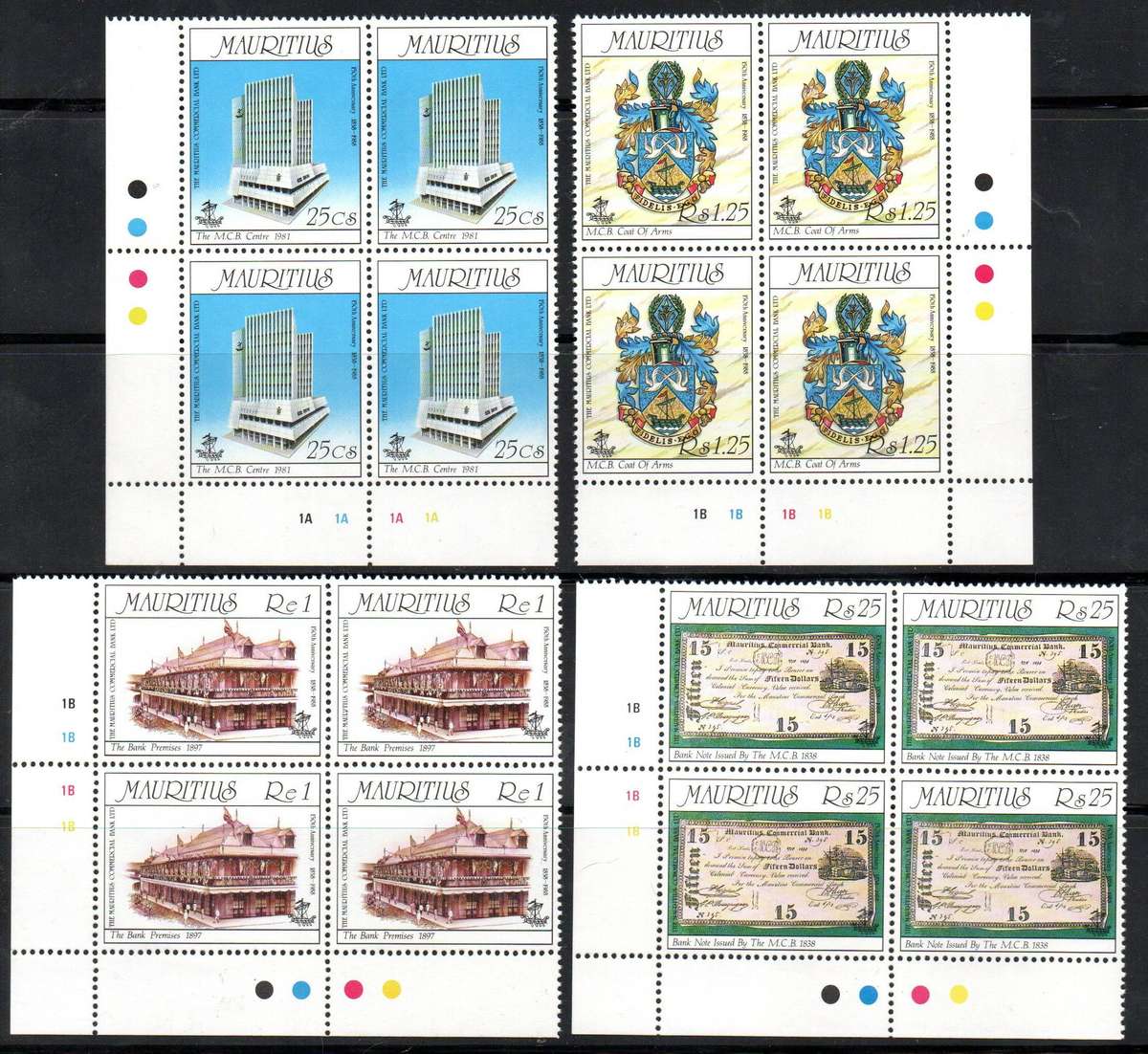 Mauritius 1988 150th ann of Mauritius Commercial Bank Ltd set of (x4) control blks of (x4)  SG790-9