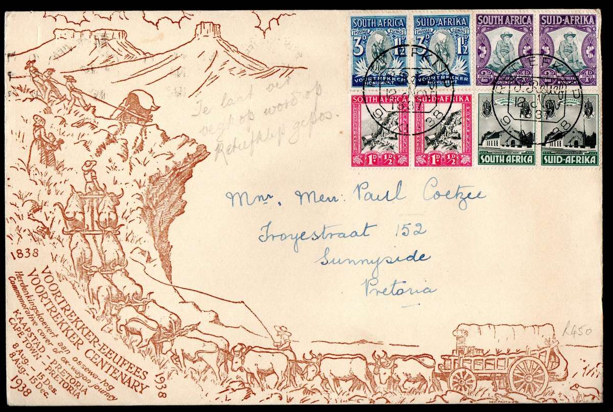 Union 1938 Voortrekker (Blood River Trek) cover Retiefklip cancels dd 9 XI 38- as per scans.