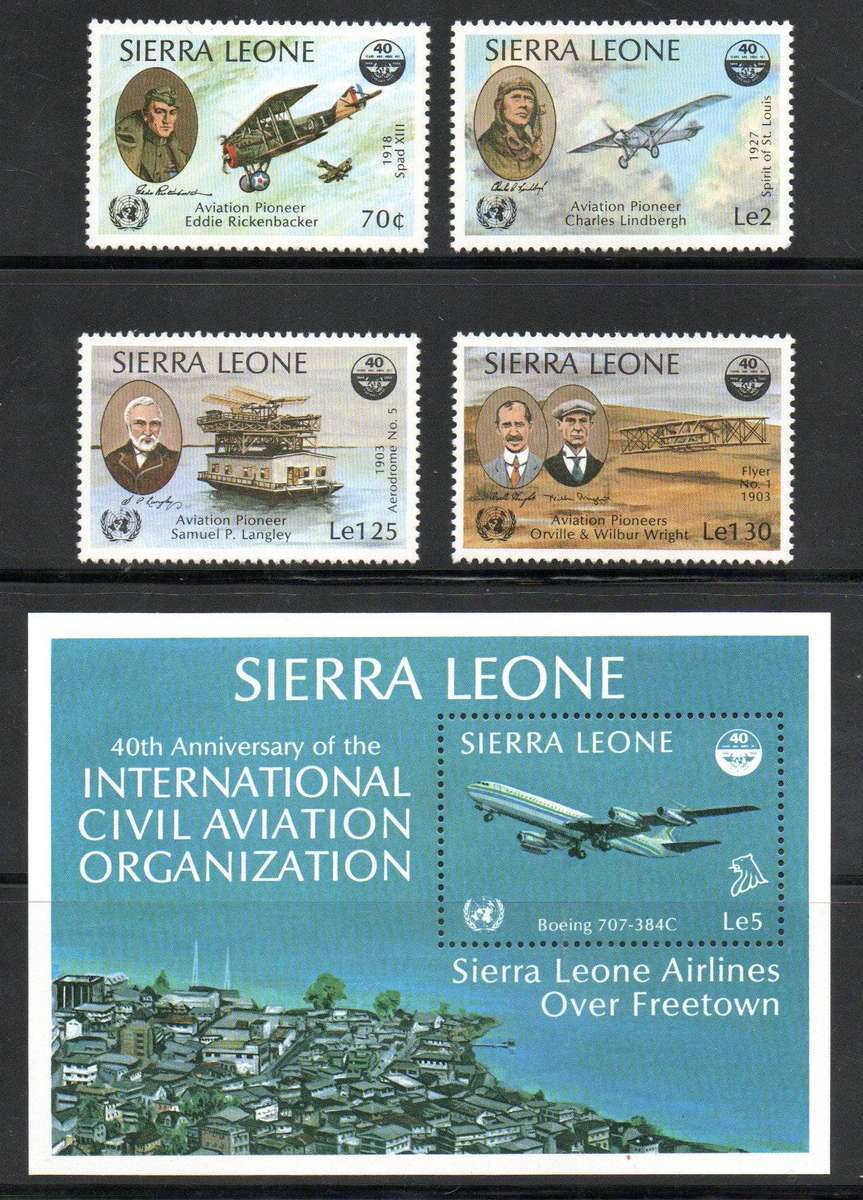 Sierra Leone 1985 40th ann of ICAO (civil aviation) umm set of (x4) + msheet  SG862-MS866 CV GBP 9+