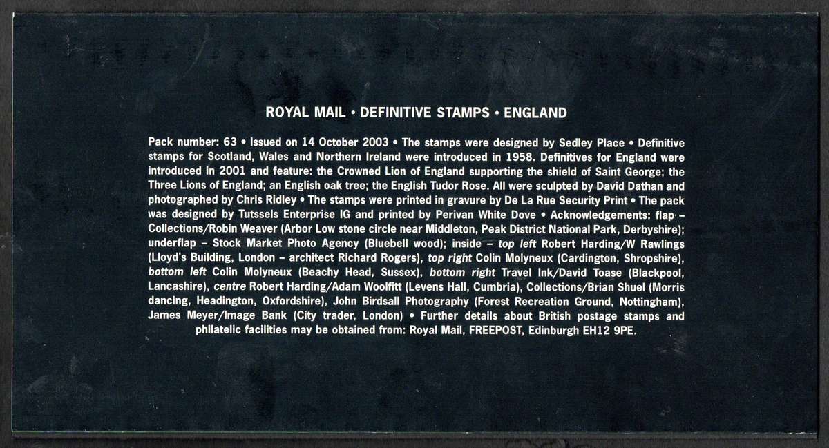 GB 2001 England (Regional Issues) presentation pack no 63 - as per scans.