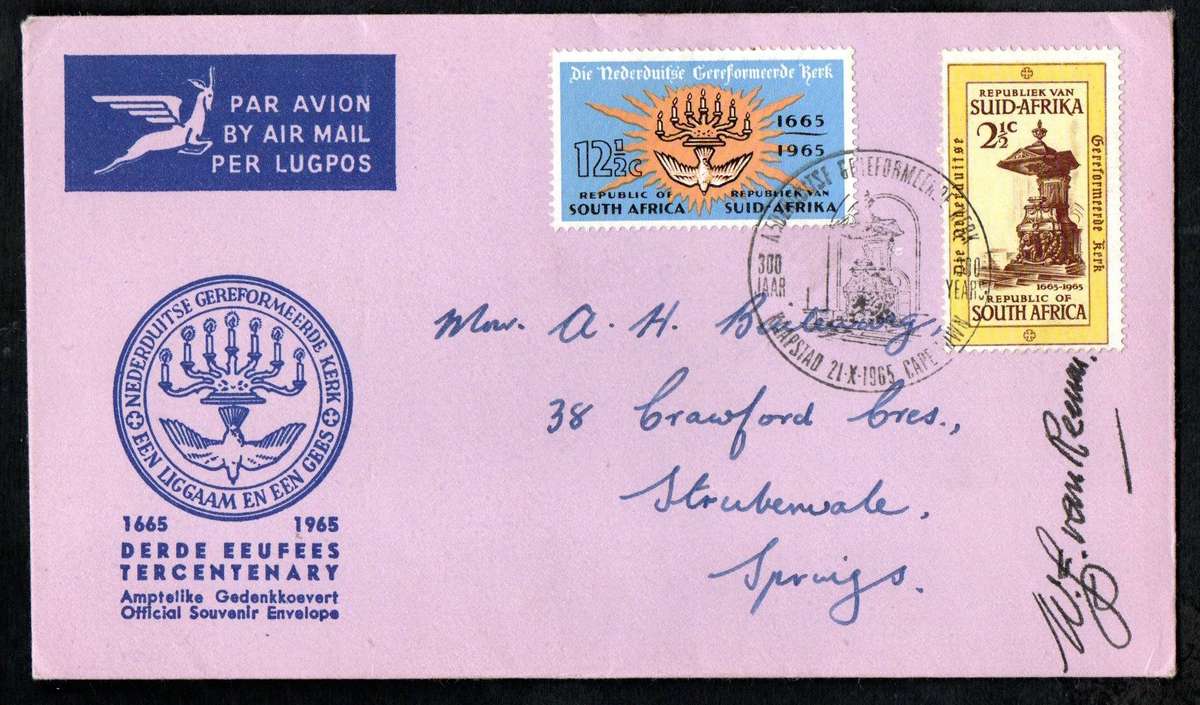 RSA 1965 Tercentenary of the Dutch Reformed Church addressed FDC no 2 signed 'WF van Reenen'.