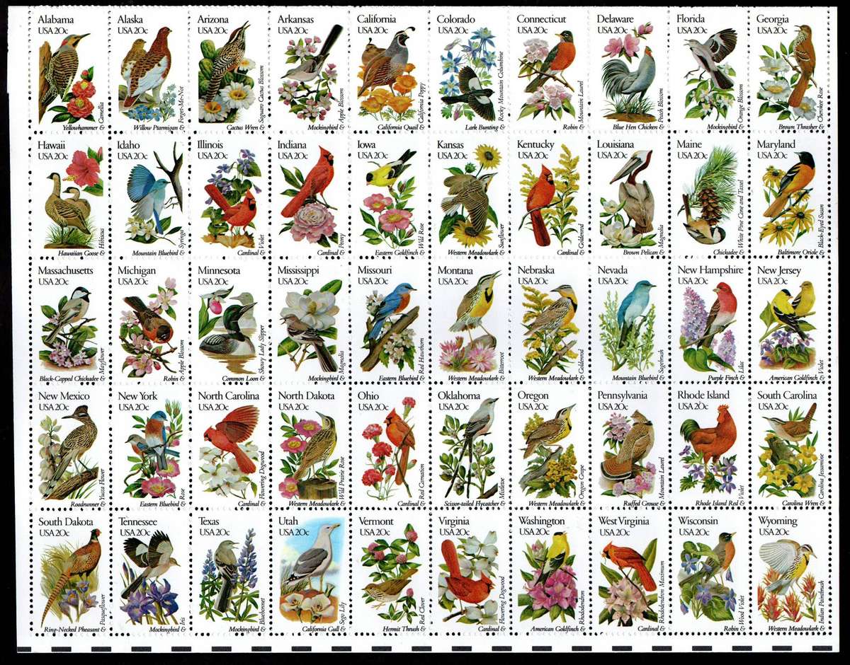 USA 1982 state birds and flowers umm full sheet of (x50) - folded bottom margin. SG1930/79 CV GBP 45
