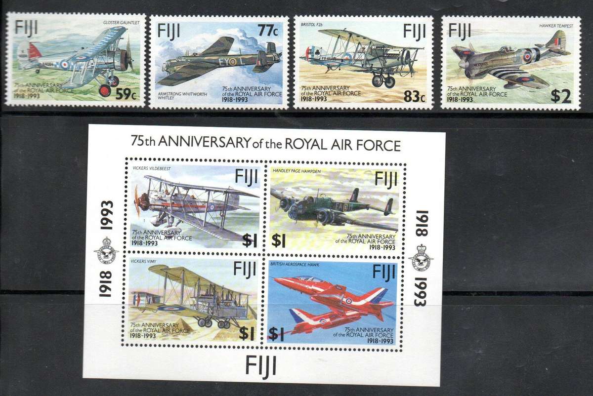 Fiji 1993 75th ann of Royal Air Force umm set of (x4) + msheet. SG873-MS877  CV GBP 15.