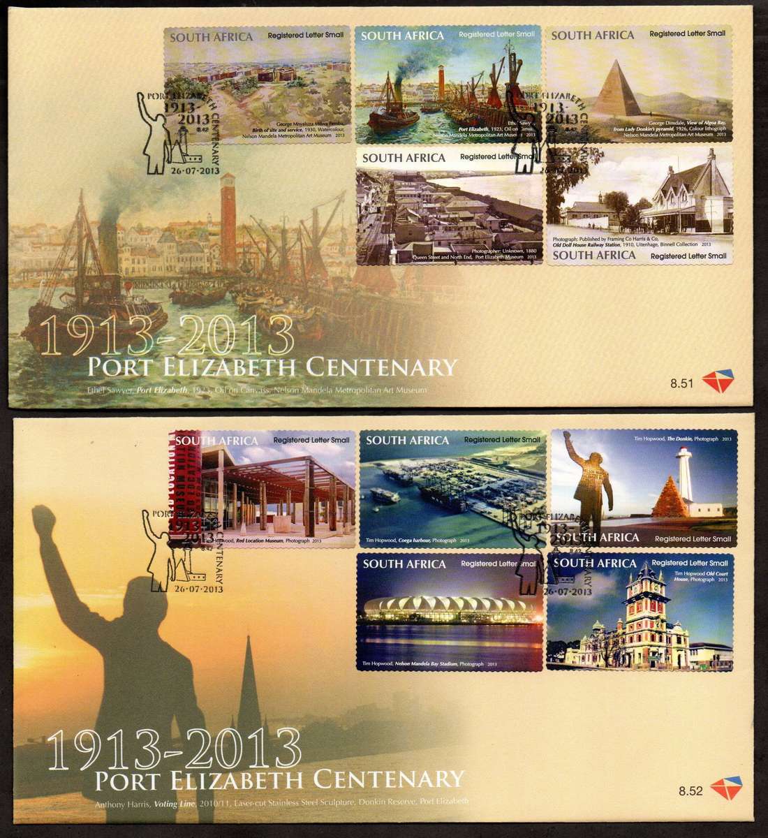 RSA 2013 Port Elizabeth centenary set of (x2) FDCs no 8.51 and 8.52  CV R670.