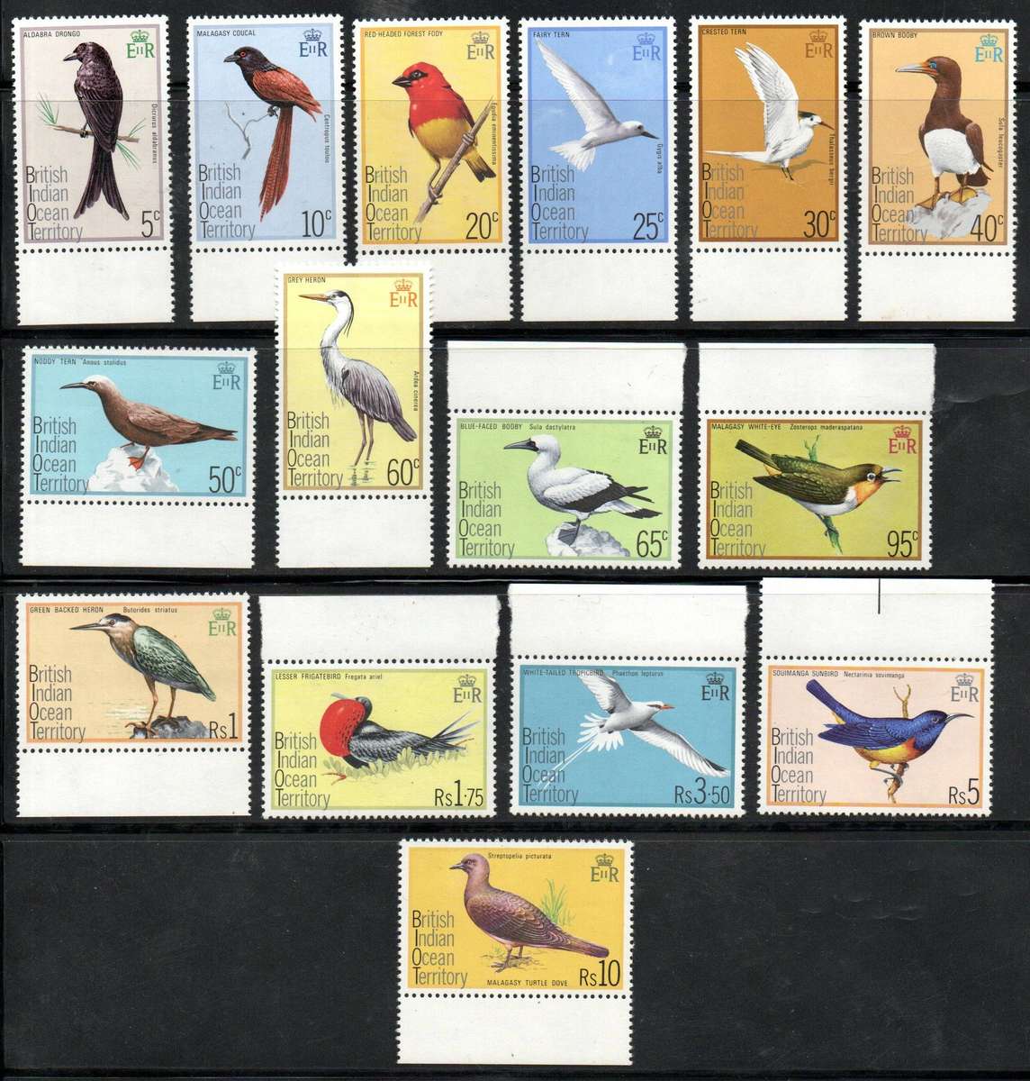 British Indian Ocean Territory 1975 birds set of (x15) umm singles. SG62-76. CV GBP 27+. Lovely set.