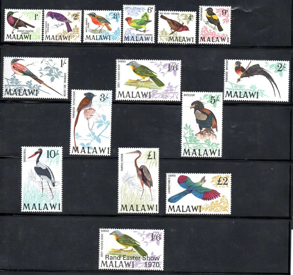 Malawi 1968-70 birds m/mint set of (x14) SG310/323 + 1970 optd single SG350 - CV GBP 75.5.