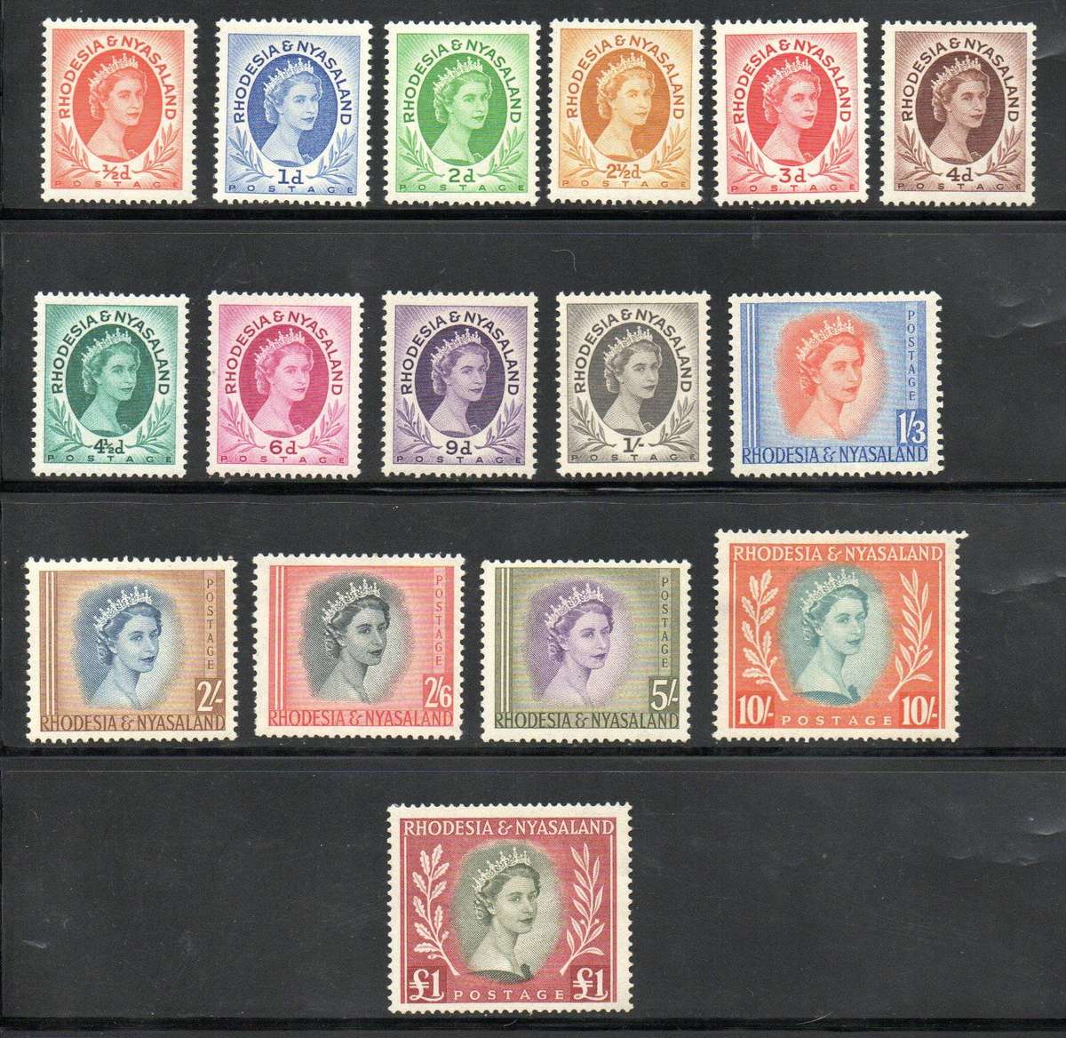 Rhodesia and Nyasaland 1954 QEII set of (x16) mm singles  SACC1-15  CV R2778 for umm.