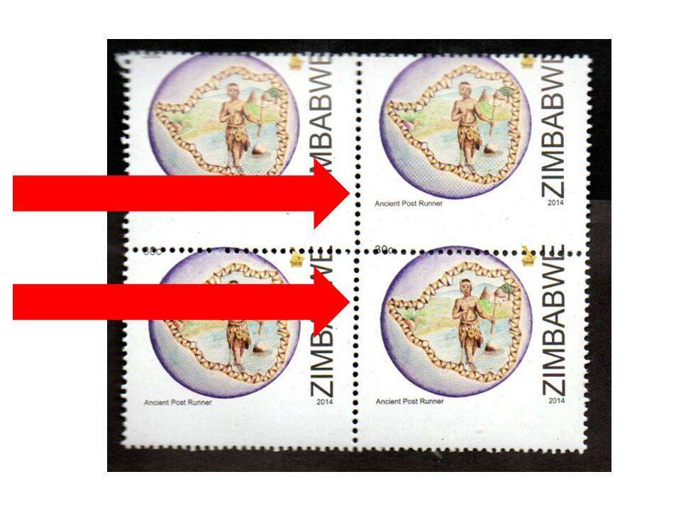 Zimbabwe 2014 World Post Day 30c Postal Runner umm blk of (x4) with Major Downward Perf Shift.