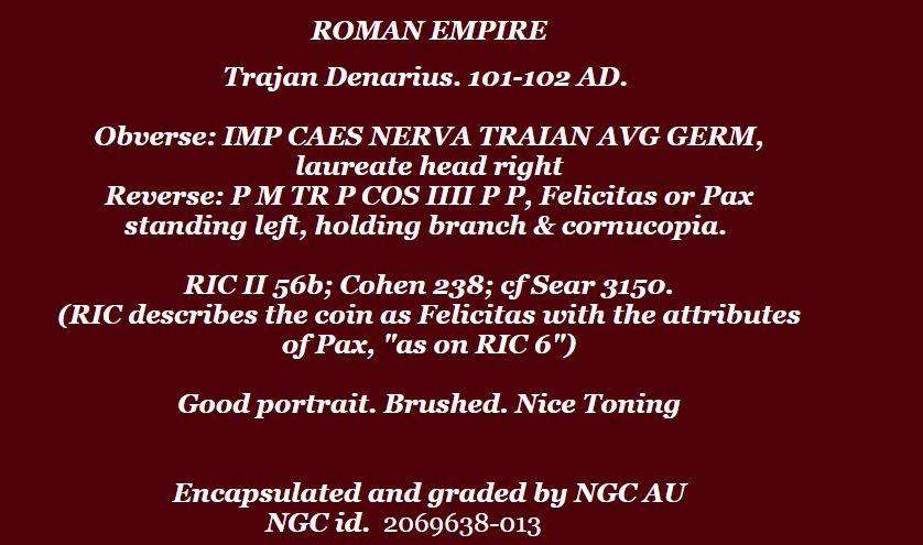 AR Denarius, NGC Certified XF Trajan Roman coin