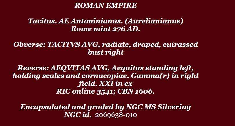 BI Antoninianus NGC Certified MS Tacitus Roman coin Silvering
