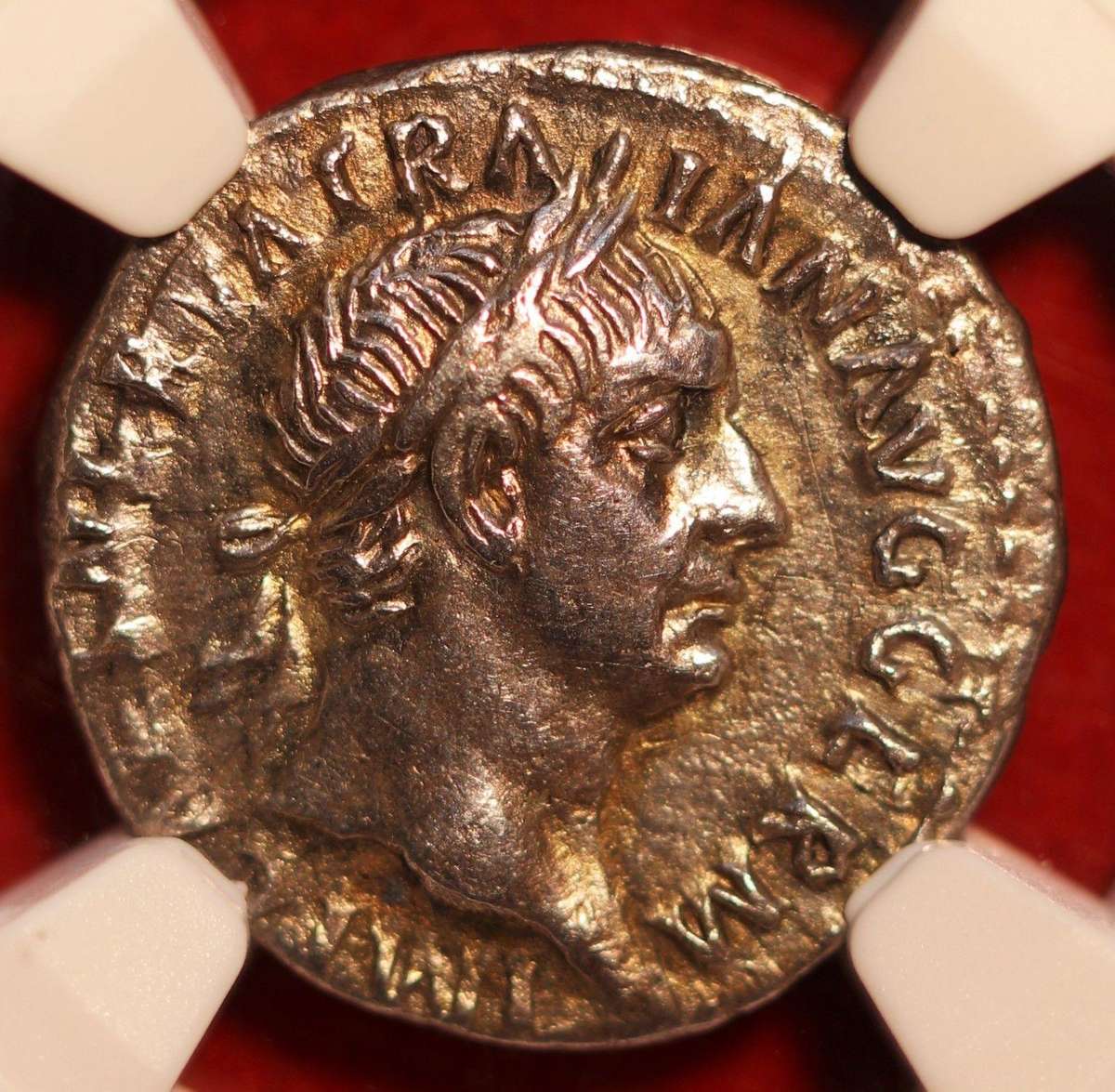 AR Denarius, NGC Certified XF Trajan Roman coin