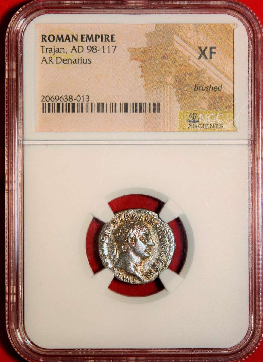 AR Denarius, NGC Certified XF Trajan Roman coin