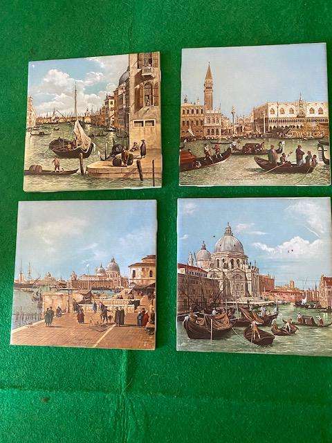 Set of 4 Venetian Ceramic Wall tiles with scenes from Canaletto Paintings