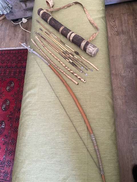 Authentic African Bow and Arrow Quiver with fire starter set