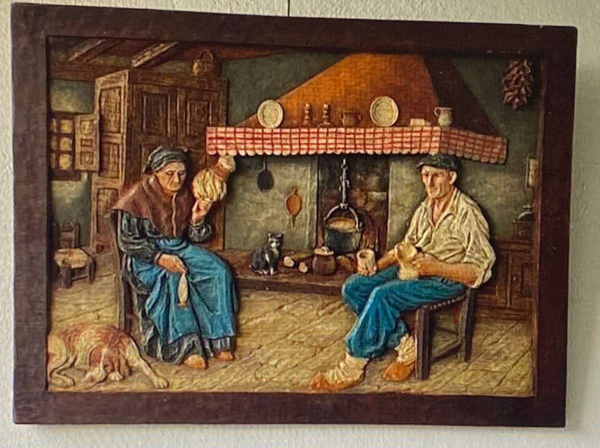 3D BASQUE WOOD CARVED  PICTURE  OF TRADITIONAL  KITCHEN  FIREPLACE WITH FIGURINES