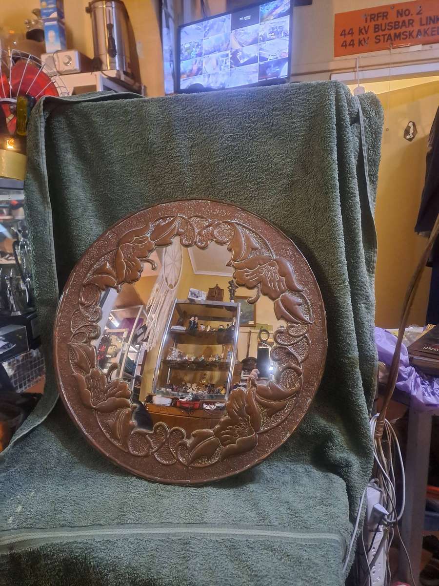 Vintage Hand beaten copper mirror 54cm in diameter