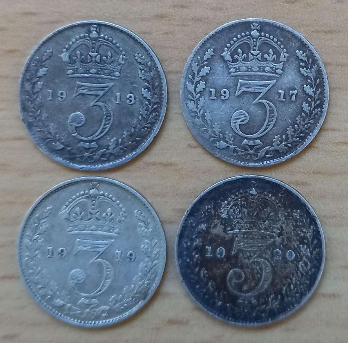 Lot of 4 Great Britain silver 3 Pence coins early 1900s
