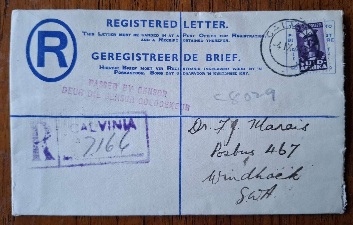 Registered letter Calvinia to Windhoek 1943 passed by censor, via De Aar