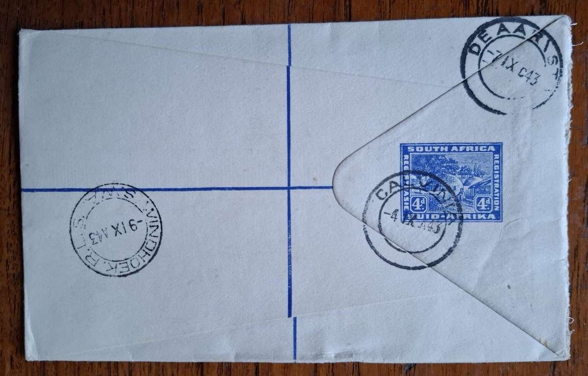 Registered letter Calvinia to Windhoek 1943 passed by censor, via De Aar
