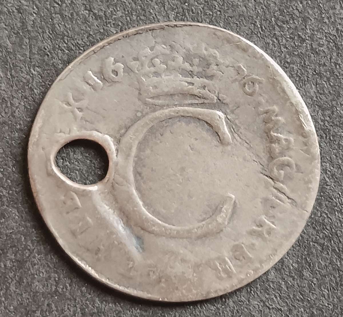 Great Britain Charles II silver penny 1676 holed - tiny coin