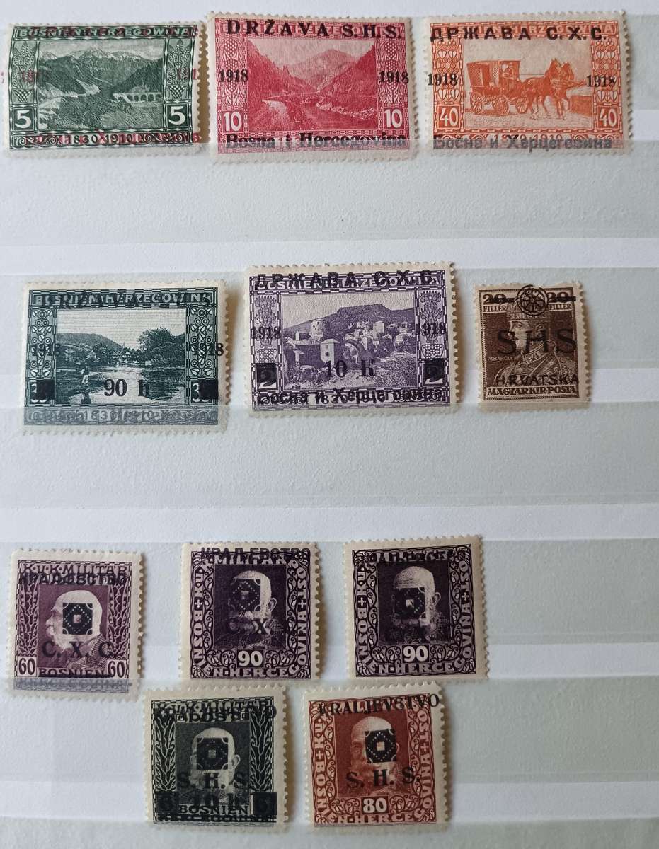 Yugoslavia 11 MH early Bosnia Herzegovina & Hungary overprints 1918 to 1919
