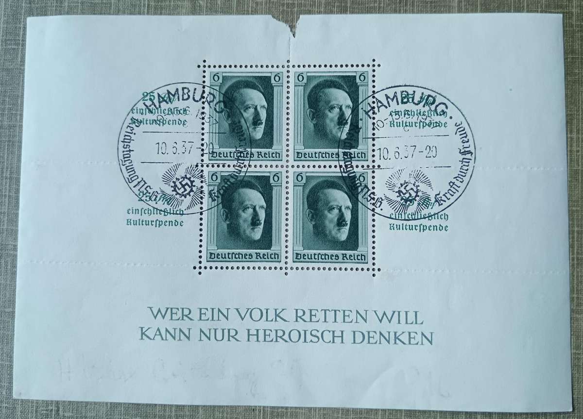 German Reich 1937 Hitler mini-sheet, Hamburg cancel, some damage
