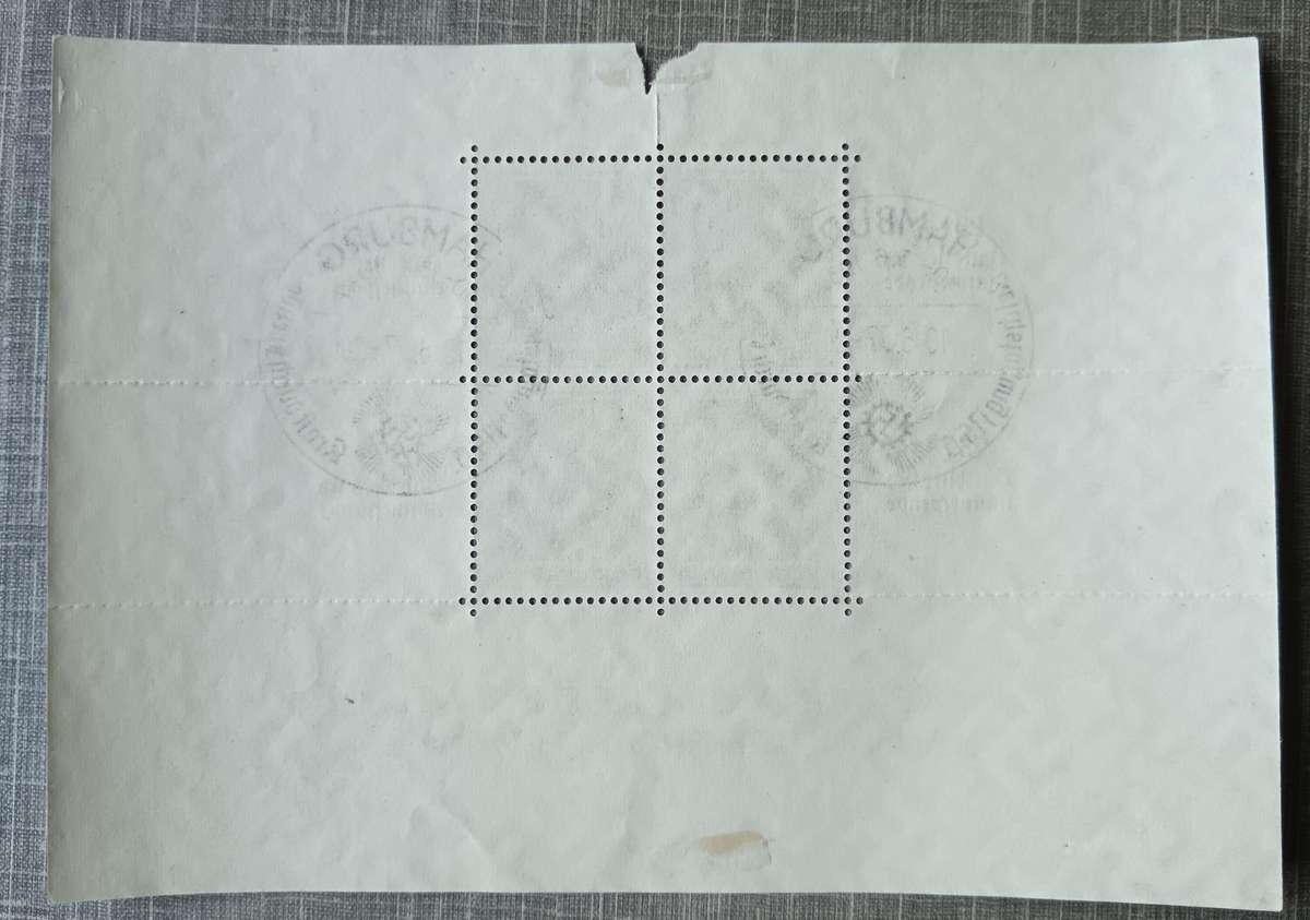 German Reich 1937 Hitler mini-sheet, Hamburg cancel, some damage