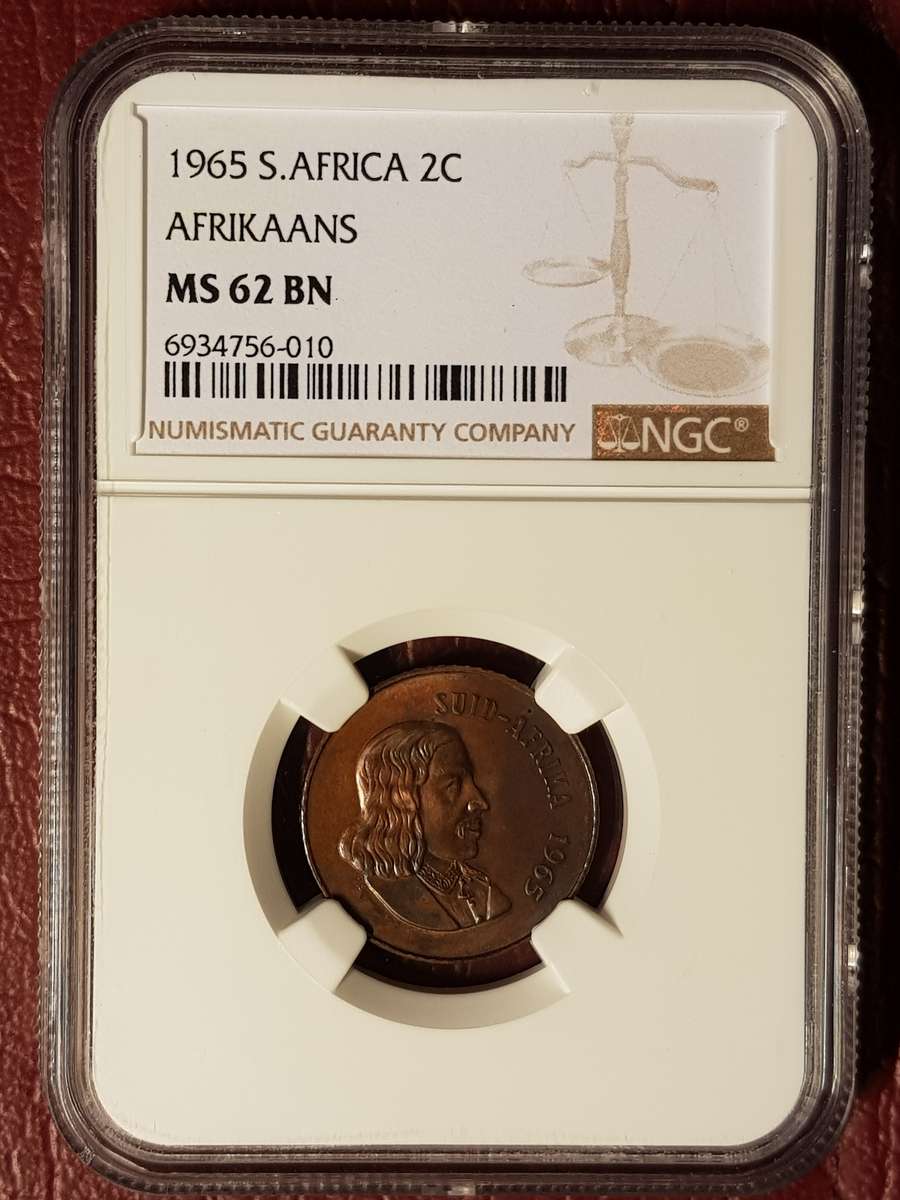 1965 RSA 2 Cent Afrikaans - NGC Graded MS 62 BN