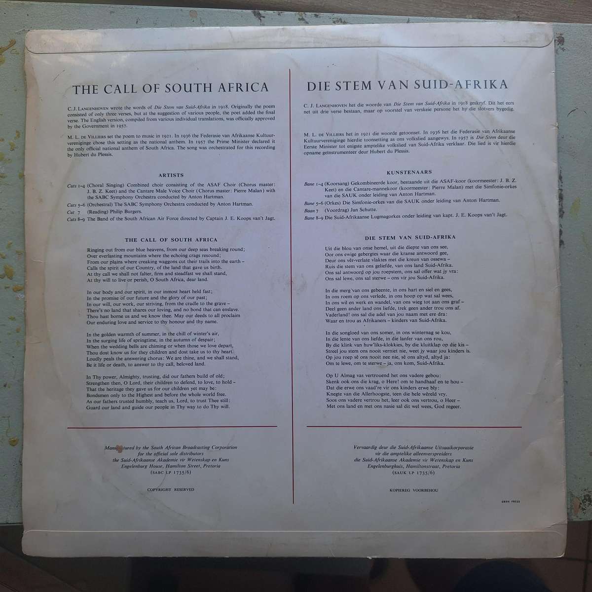 Die stem van Suid Africa LP vintage record