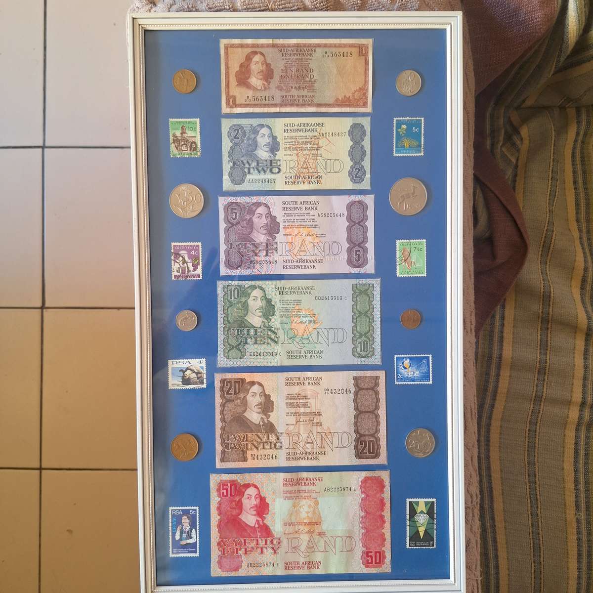 Complete old South African note and coin set with stamps
