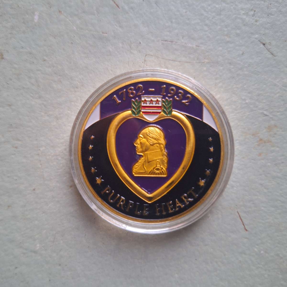 Military Merit Award Purple Heart 1782-1932 Gold Tone Engraved Replica Coin in Capsule