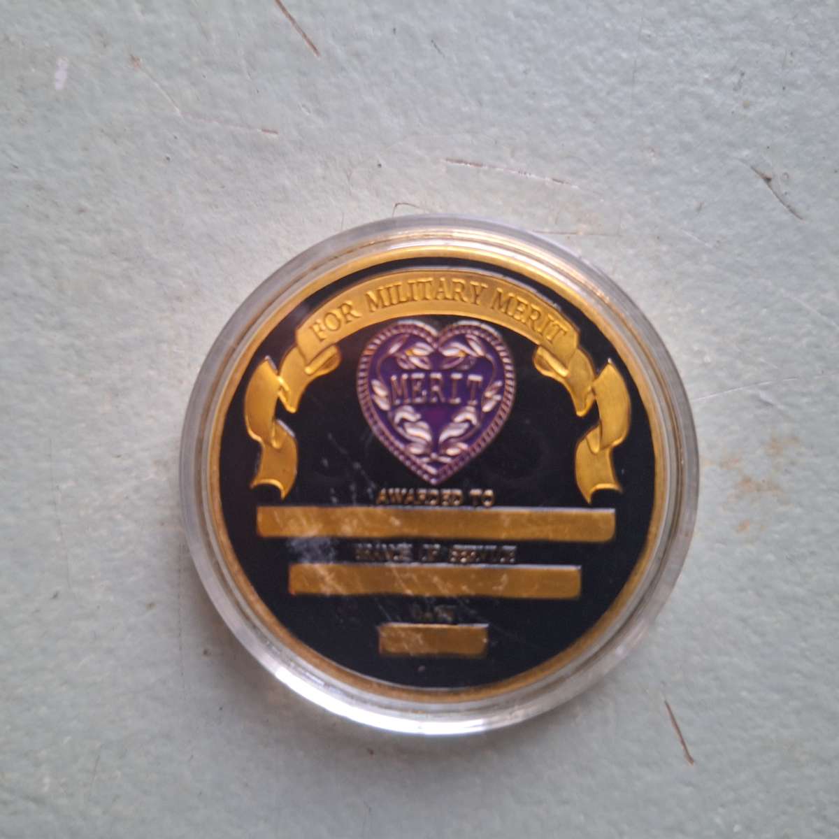 Military Merit Award Purple Heart 1782-1932 Gold Tone Engraved Replica Coin in Capsule