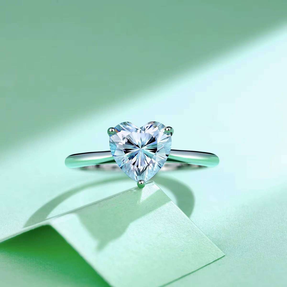LUXURY MOISSANITE DIAMOND SIMULANT 14K WHITE GOLD PLATED HEART WEDING RING, ADJUSTABLE SIZE