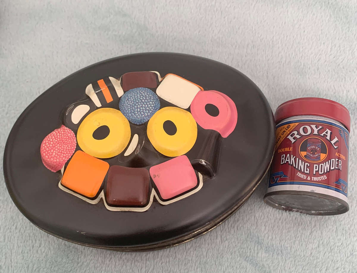 Liquorice All sorts and Royal baking powder tins
