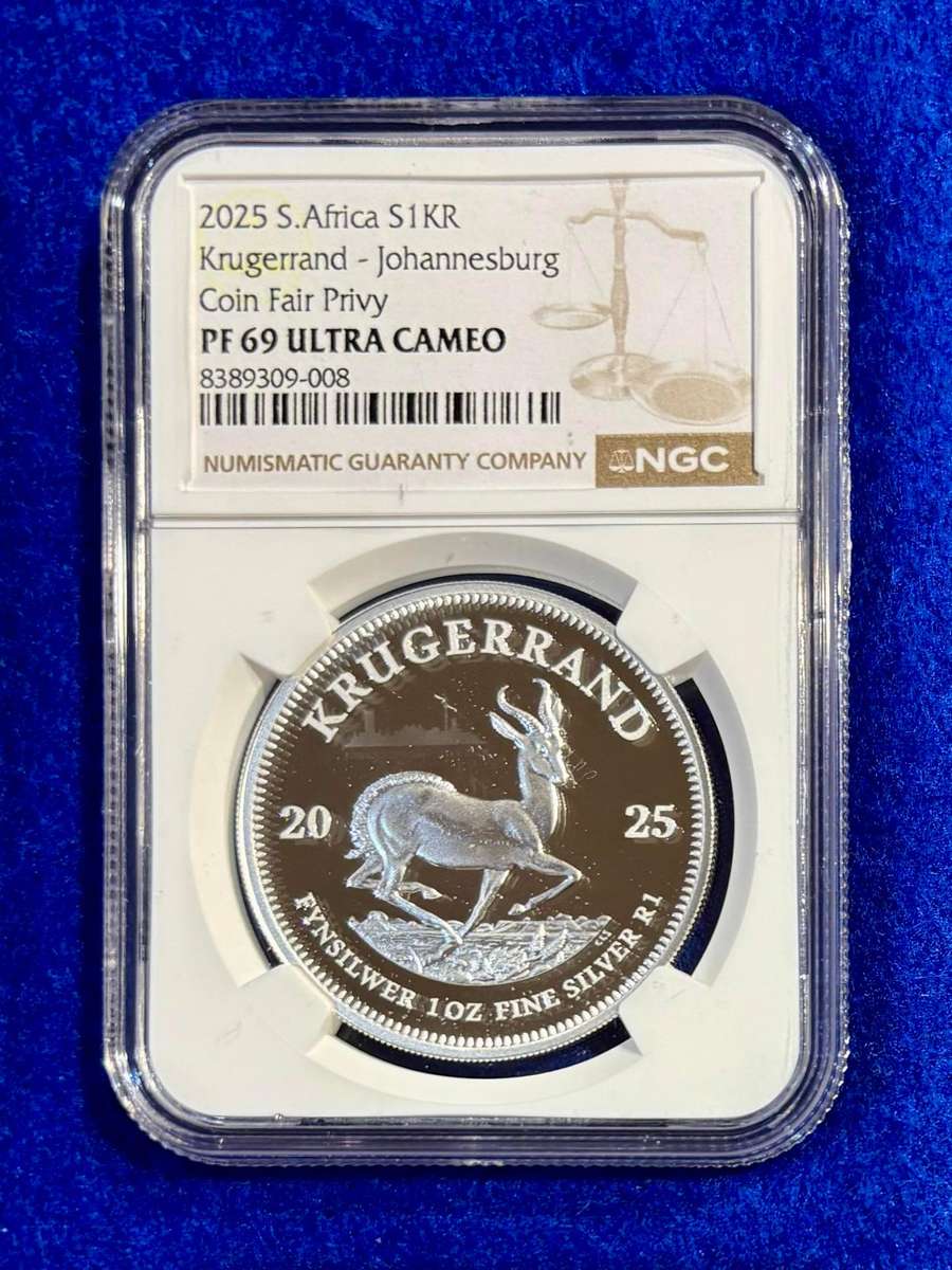Graded RSA 2025 Proof Silver Kruger R1 with JHB Privy: NGC PF69