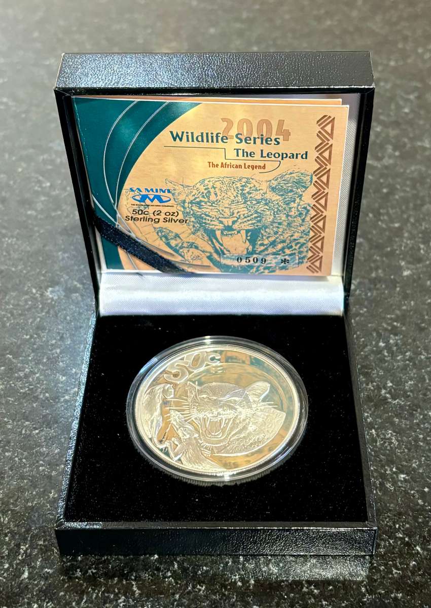 Stunning RSA 2004 Leopard Proof 2oz Silver Wildlife Series 50c, in original display.