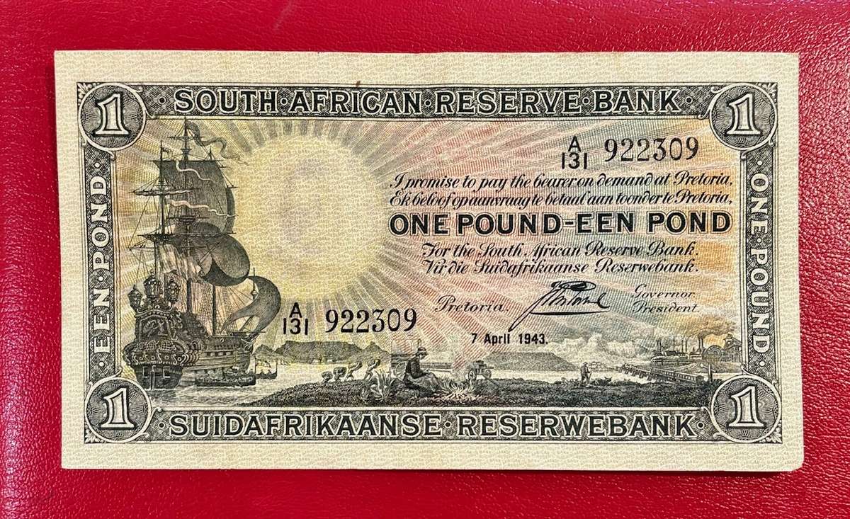 Beautiful RSA 1943 J Postmus (van Riebeeck Watermark) 1 Note