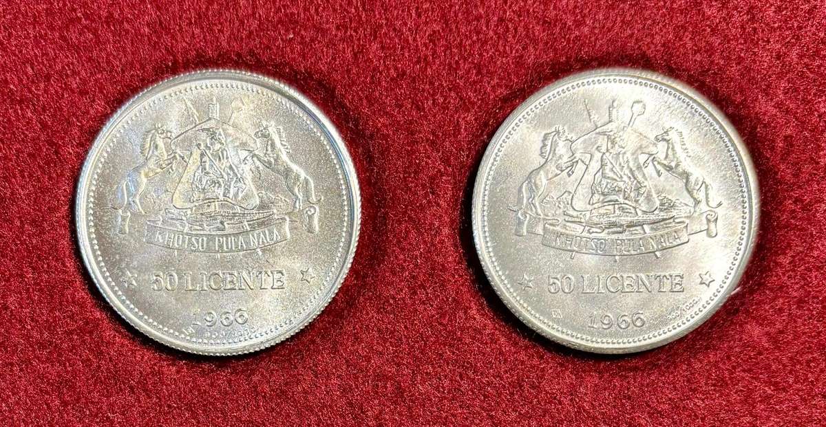 Pair of Lesotho 1966 Uncirculated Silver Crowns (50 Licente) BOTH VARIATIONS - Bid per Coin