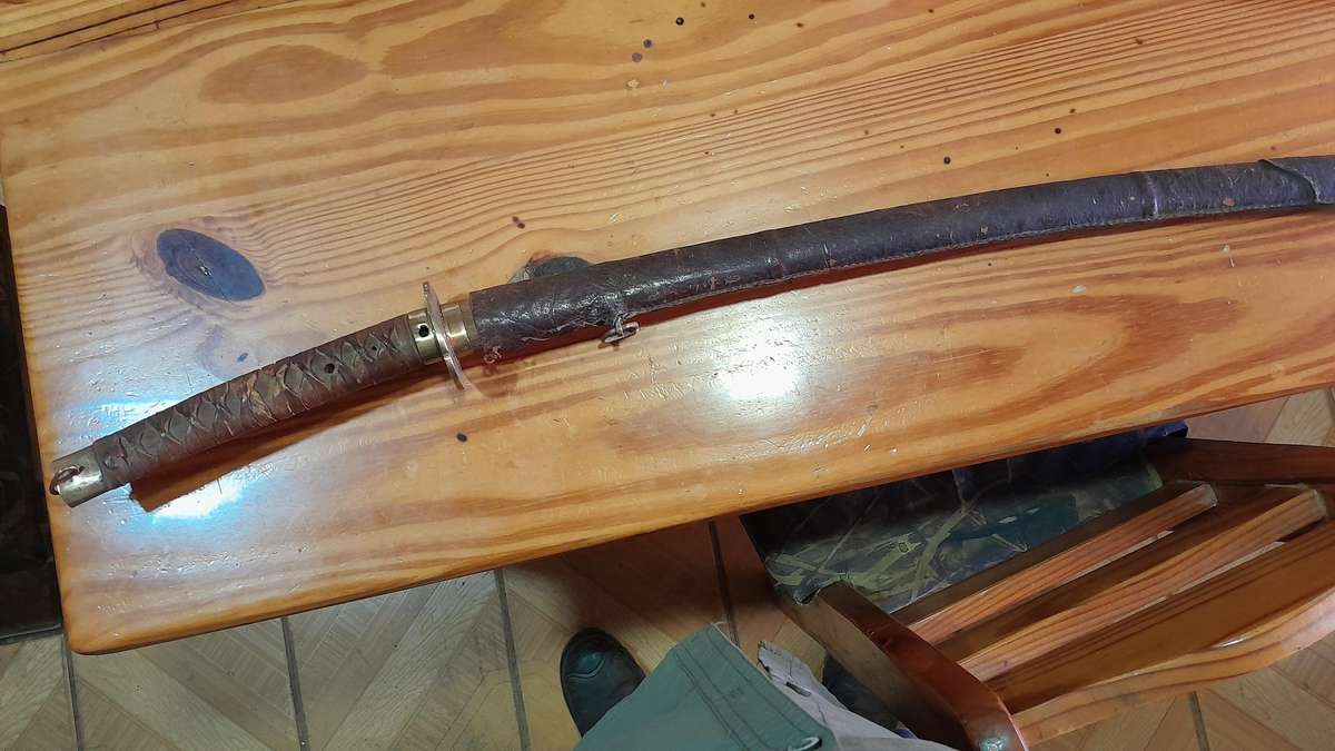 Japanese style WW2 soldier sword with leather wrapped scabbard