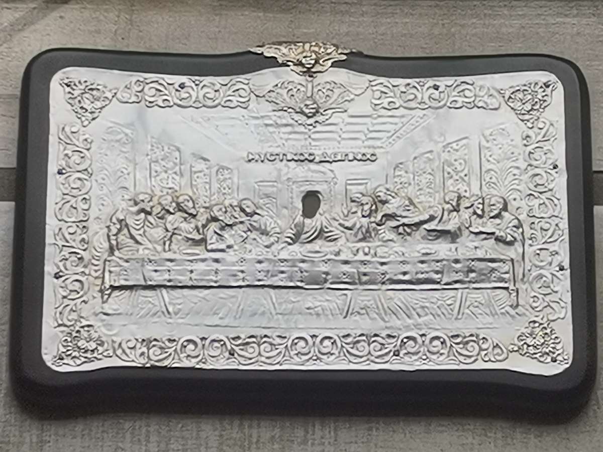 THE LAST SUPPER SILVER GREEK ARTWORK ON WOODEN FRAME - MEASURES 335MM x 220MM