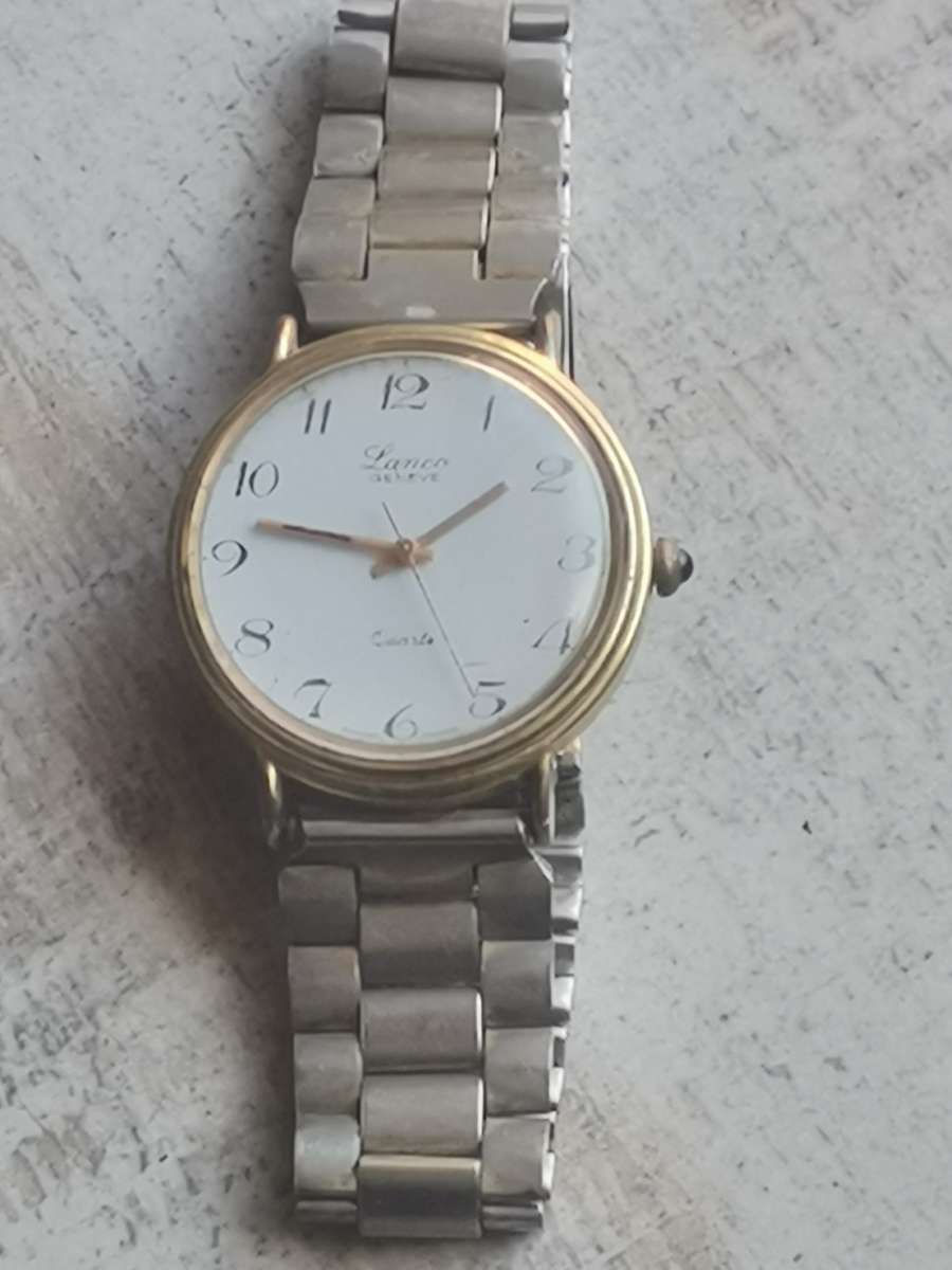 VINTAGE MENS GOLD LANCO GENEVE SWISS MADE QUARTZ WATCH - UNTESTED SELLING AS IS