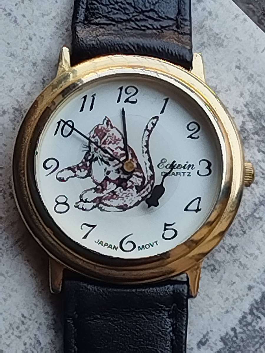 MENS VINTAGE EDWIN GOLD CAT AND MOUSE WATCH IN EXCELLENT WORKING CONDITION