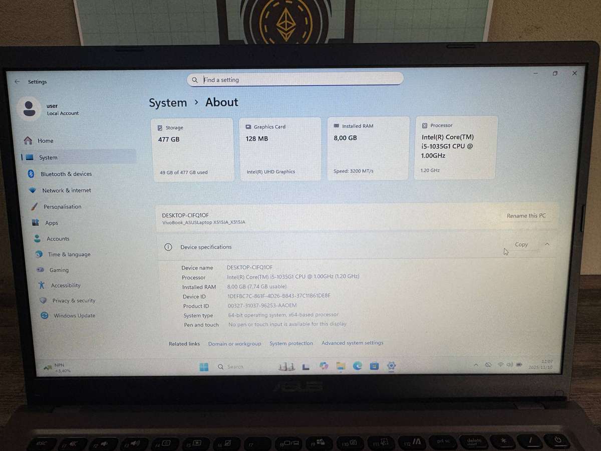Asus X515 Laptop 10th Gen i5 8Gb DDR4 512Gb SSD WIN11