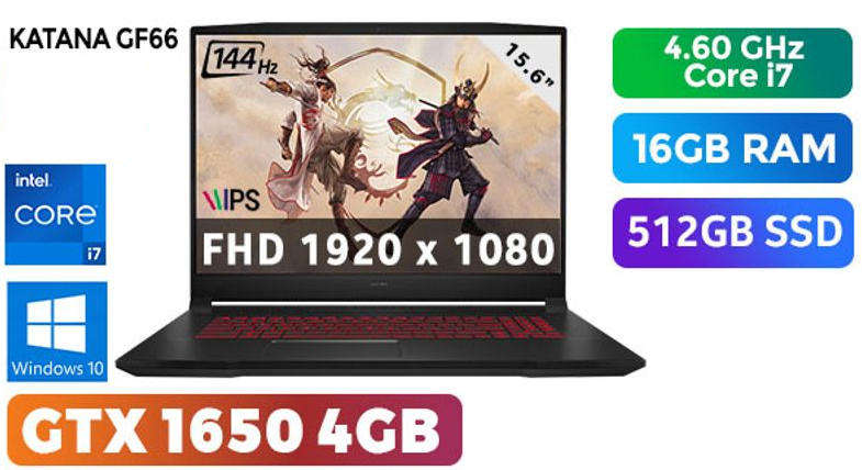 MSI Katana GF66 Gaming Laptop 11th Gen i7 16GB DDR4 512GB SSD GTX 1650 GPU FHD