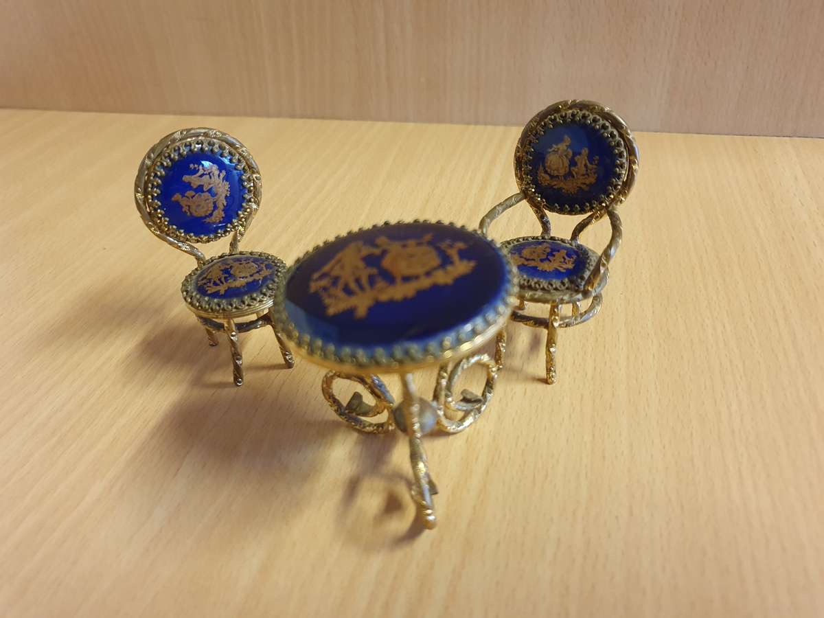 Set of 3 Miniature Limoges Gilt and Cobalt Blue Enameled Porcelain Table and Chairs
