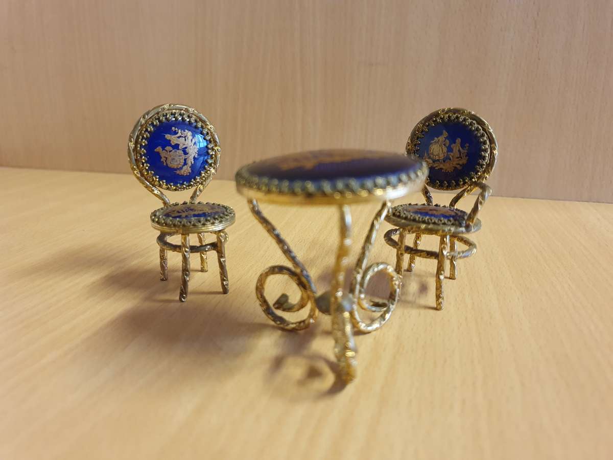 Set of 3 Miniature Limoges Gilt and Cobalt Blue Enameled Porcelain Table and Chairs