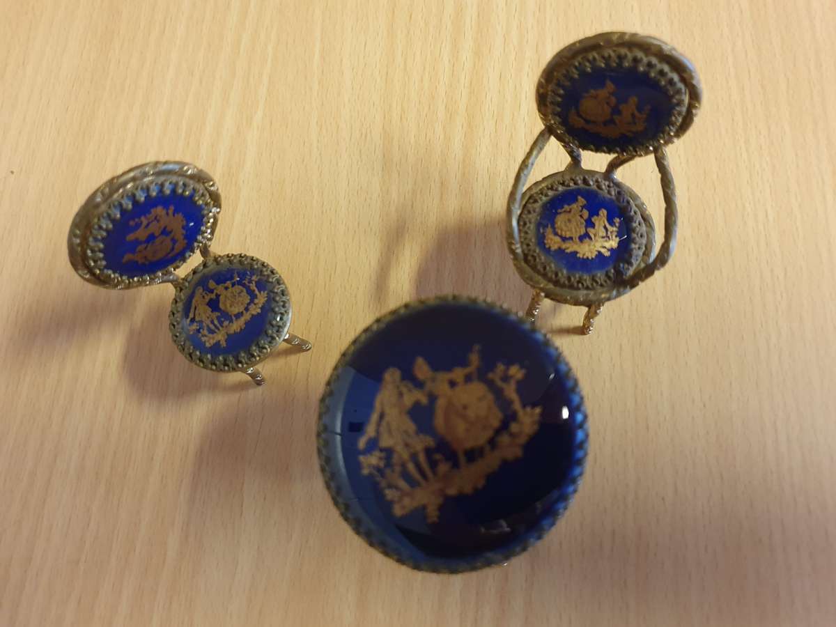 Set of 3 Miniature Limoges Gilt and Cobalt Blue Enameled Porcelain Table and Chairs