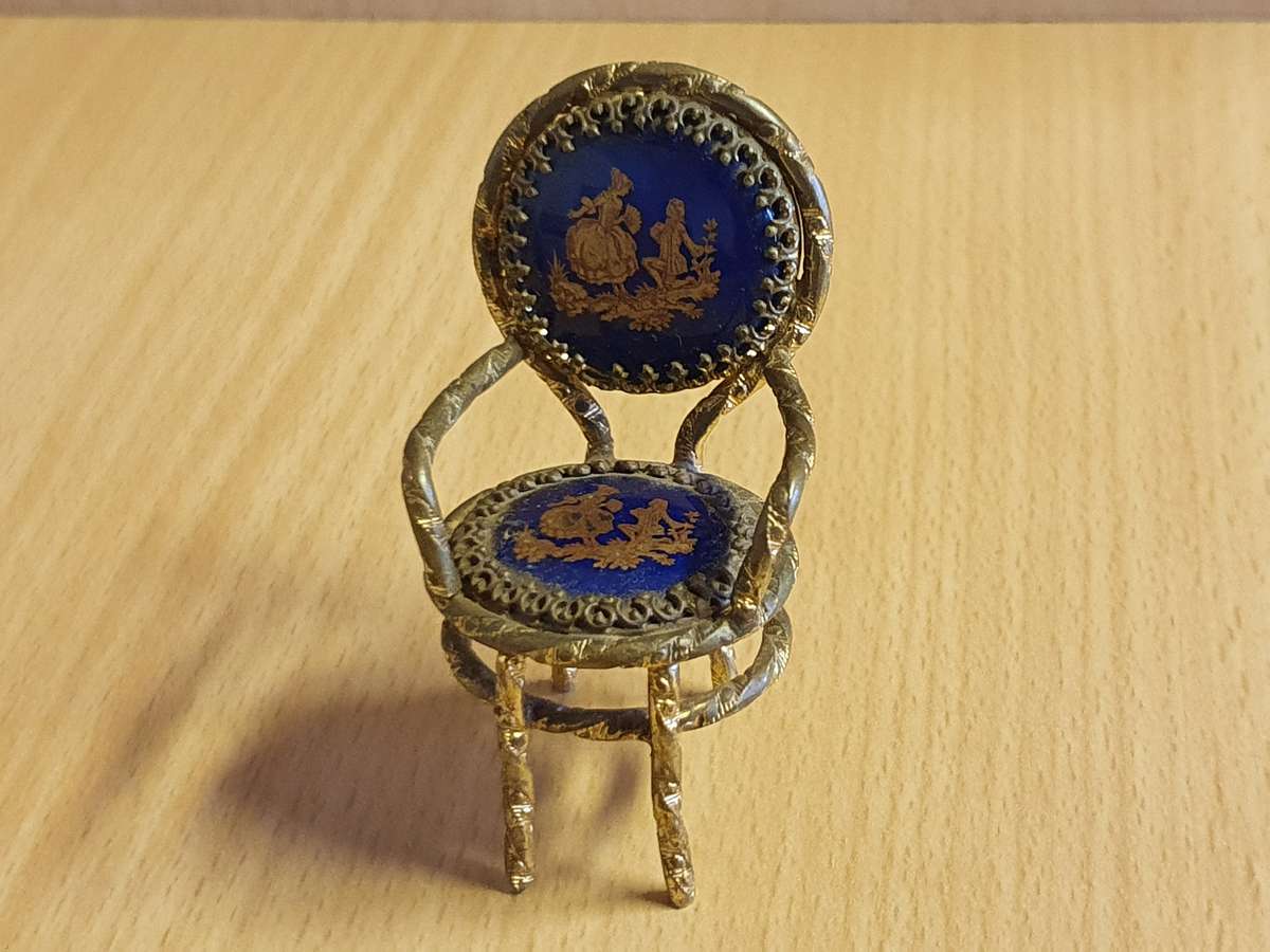 Set of 3 Miniature Limoges Gilt and Cobalt Blue Enameled Porcelain Table and Chairs