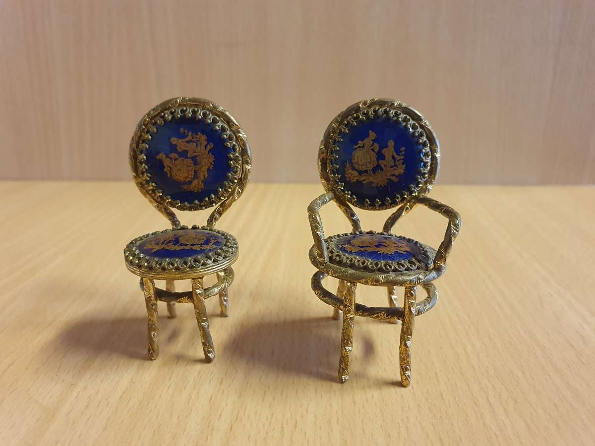 Set of 3 Miniature Limoges Gilt and Cobalt Blue Enameled Porcelain Table and Chairs